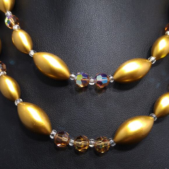 Vintage Gold Pearled & Crystal Beaded Necklace, Matching Clip Earrings, 1950 - Picture 8 of 10